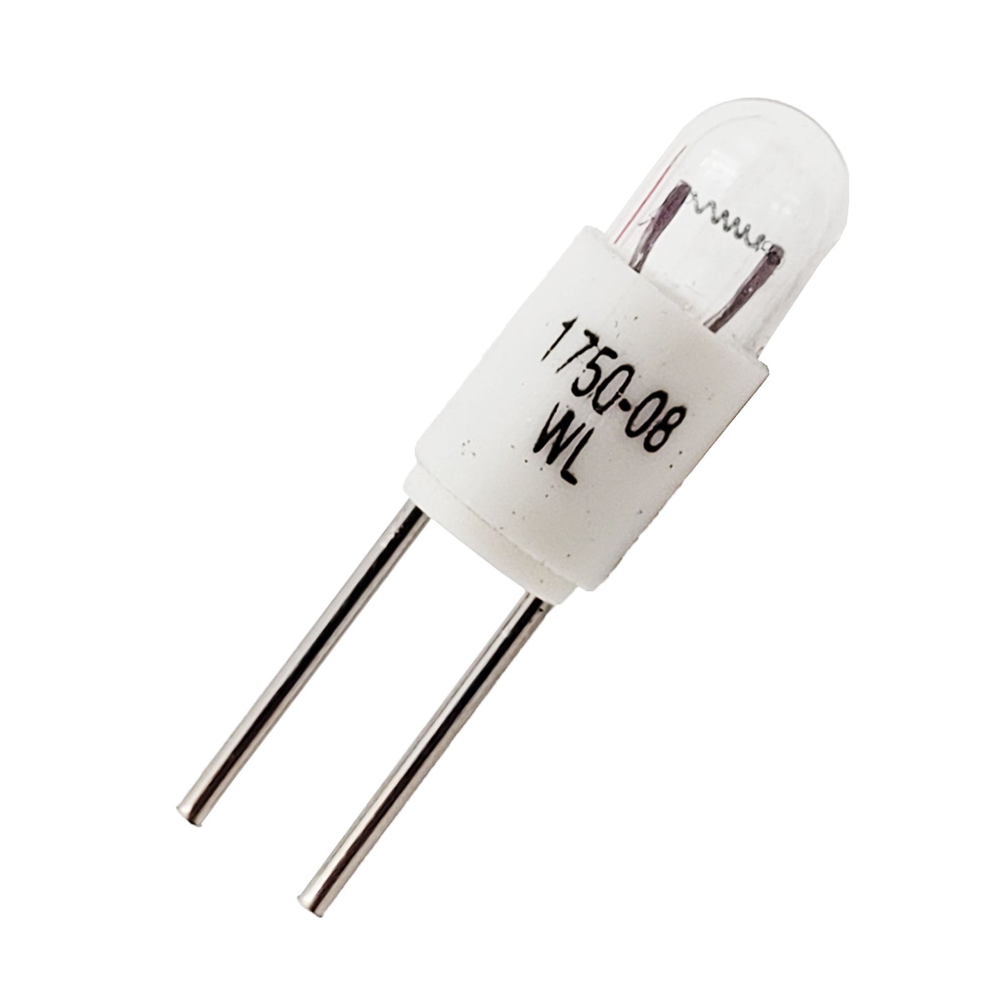 Close-up of Wamco 1750-08 subminiature aircraft lamp showing clear T-1 bulb and bi-pin base terminals.