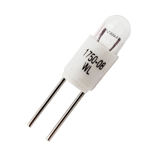 Close-up of Wamco 1750-08 subminiature aircraft lamp showing clear T-1 bulb and bi-pin base terminals.