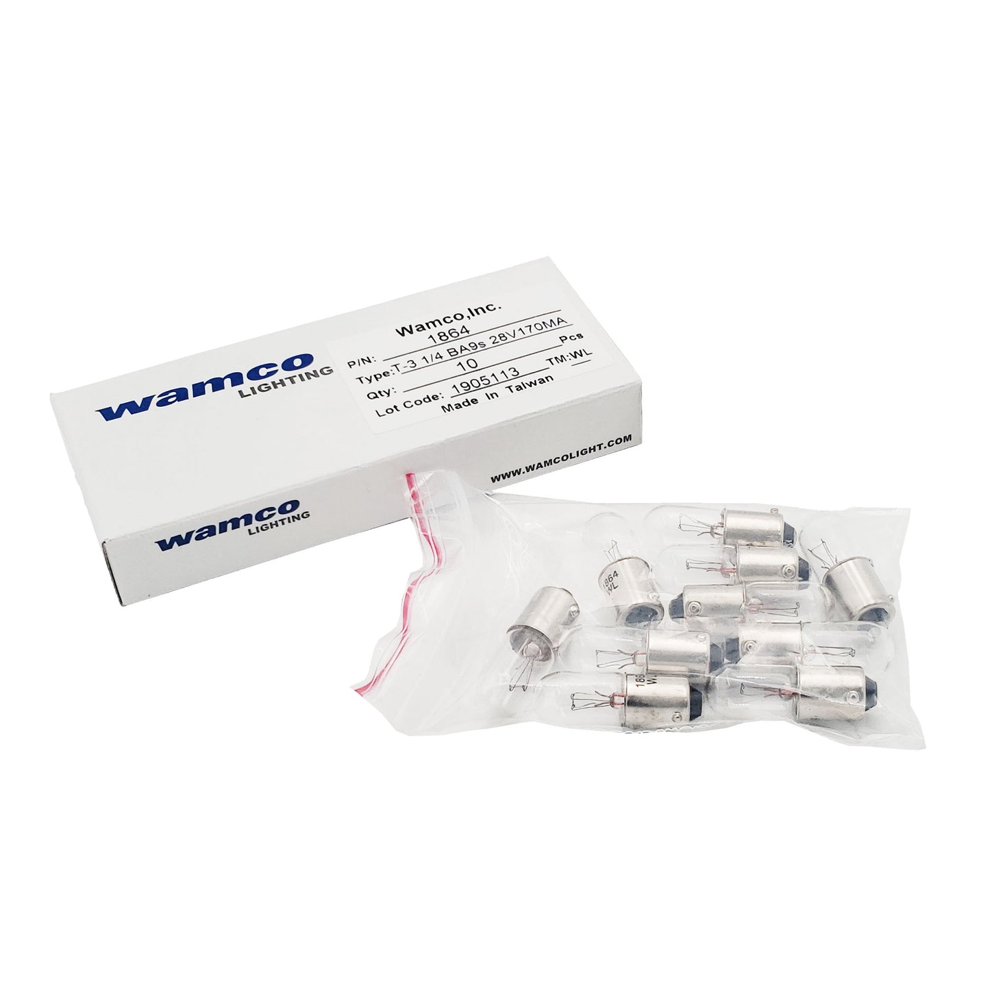 Ten-pack of Wamco WL-1864 miniature aircraft lamps, T-3 1/4 BA9s base, rated 28V 170mA, in retail packaging