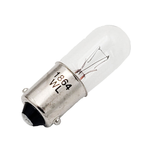 Wamco WL-1864 miniature aircraft lamp with clear T-3 1/4 glass bulb and BA9s miniature bayonet base.