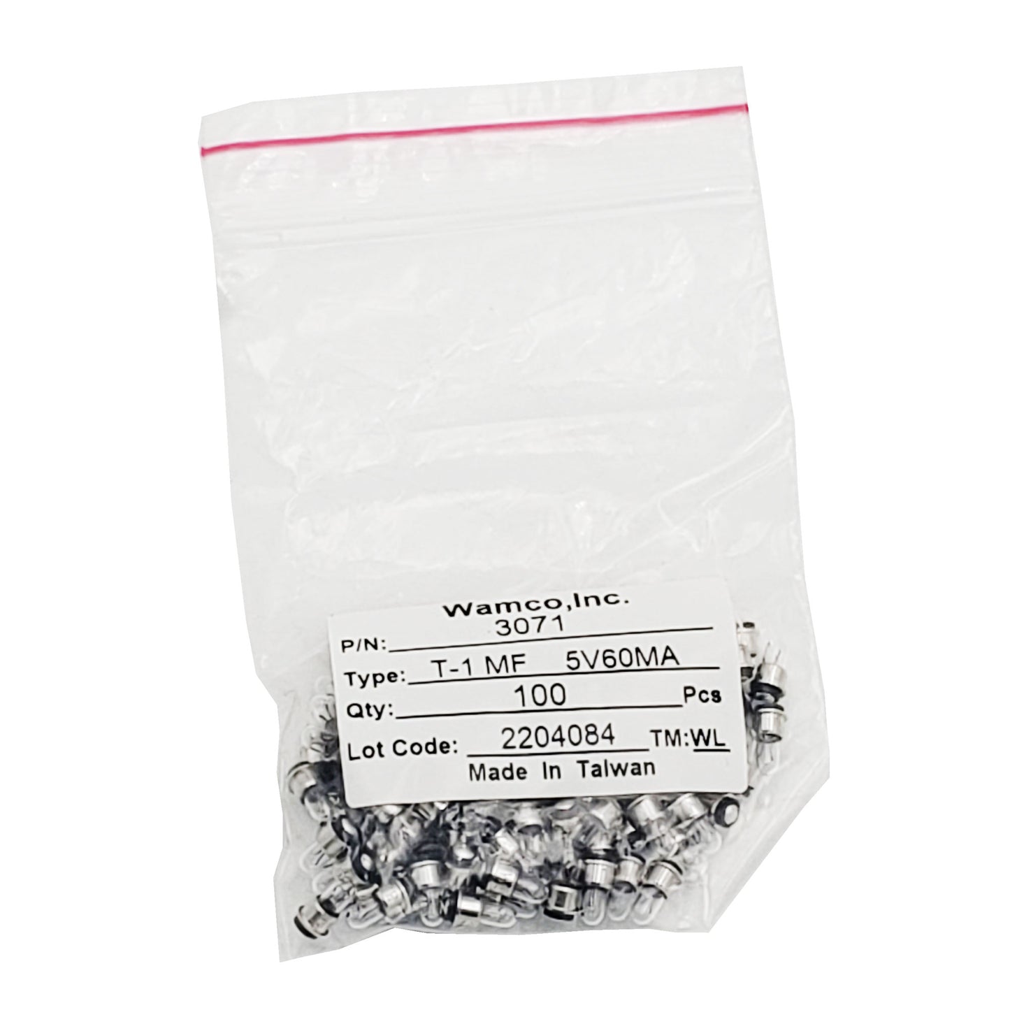 Bulk bag of approximately 100 Wamco WL-3071 subminiature aircraft lamps in clear zipper packaging.