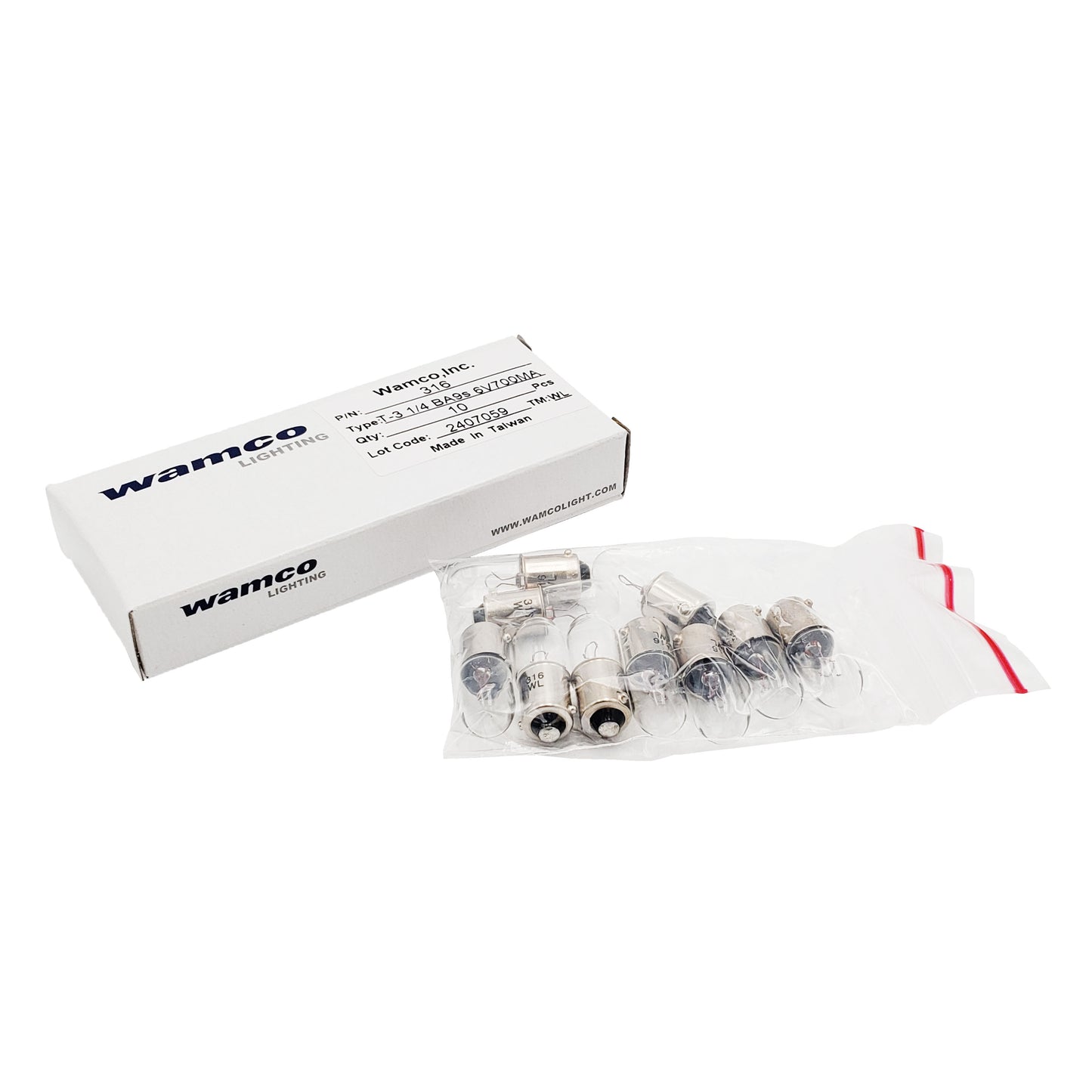 Wamco 316 miniature aircraft lamp packaging showing white Wamco Lighting box and bag of ten lamps rated 6V 700mA
