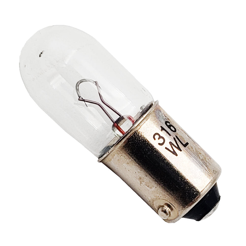 Close-up of Wamco 316 miniature aircraft lamp showing clear T-3 1/4 bulb with BA9s bayonet base stamped ‘316 WL’