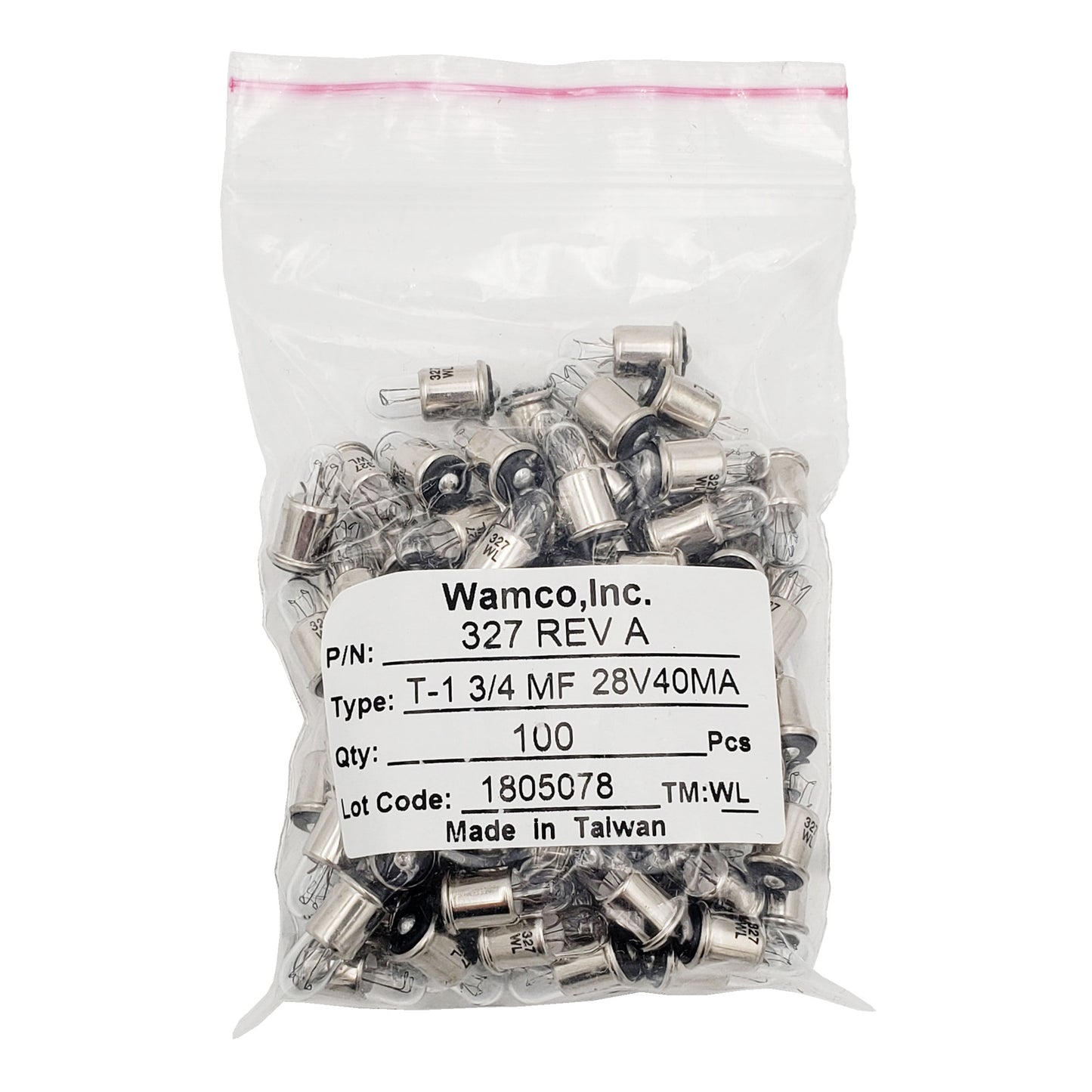 Bulk bag of Wamco 327 aircraft lamps labeled T-1 3/4 MF rated 28V 40mA with quantity 100 pieces.