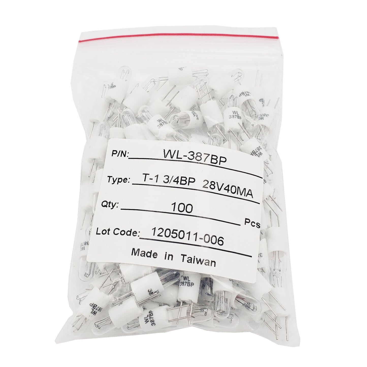 Bulk bag of 100 Wamco WL-387BP subminiature aircraft lamps, T-1 3/4 bi-pin base, rated 28V 40mA, with product label