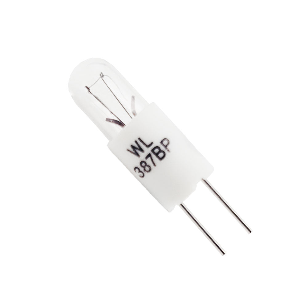 Wamco WL-387BP subminiature aircraft lamp with clear glass bulb, white plastic bi-pin base, and dual insertion pins.