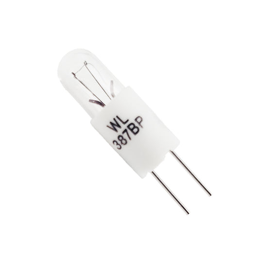 Wamco WL-387BP subminiature aircraft lamp with clear glass bulb, white plastic bi-pin base, and dual insertion pins.