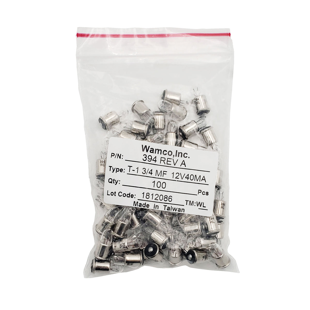 Bulk bag of Wamco 394 aircraft lamps labeled T-1 3/4 MF with 12V 40mA rating and quantity 100 pieces