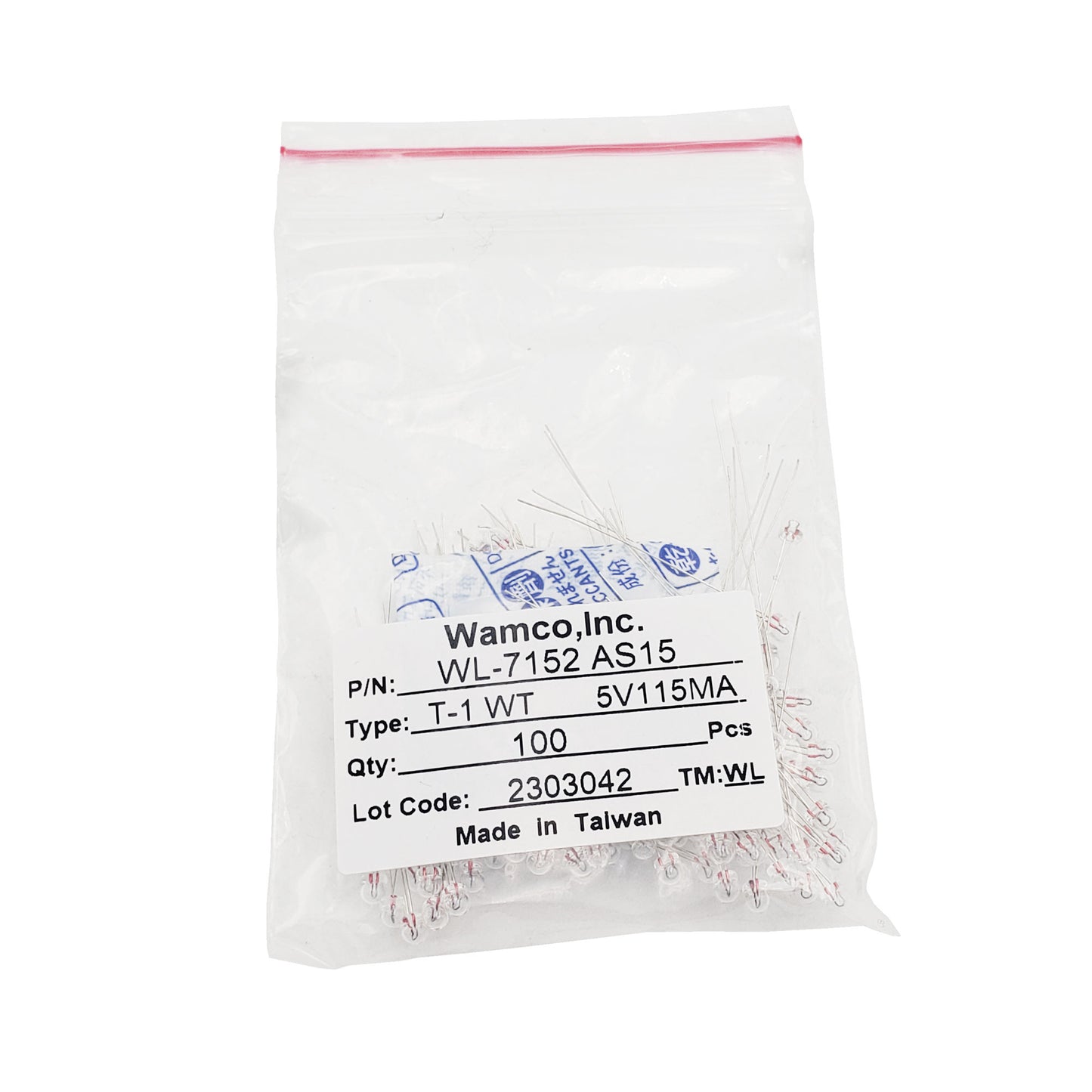 Rear label of Wamco 7152AS15 subminiature aircraft lamp bulk package showing 5V 115mA specifications and lot code