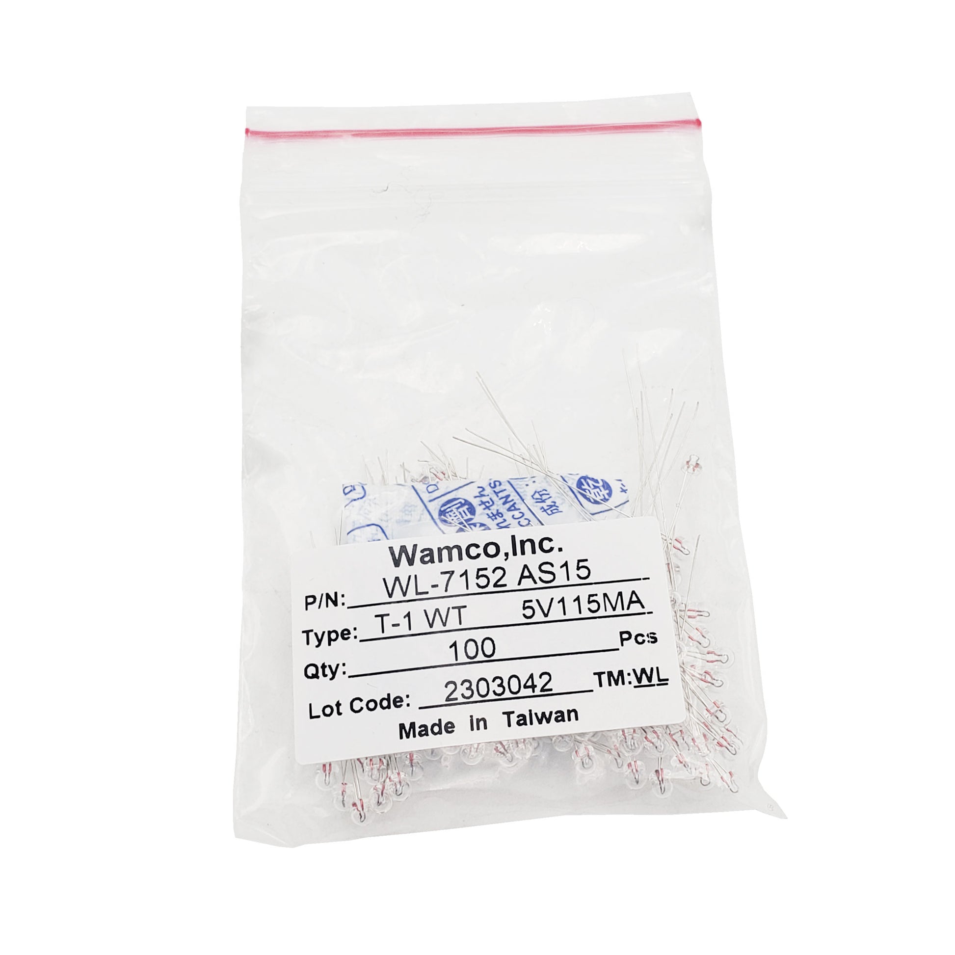 Rear label of Wamco 7152AS15 subminiature aircraft lamp bulk package showing 5V 115mA specifications and lot code