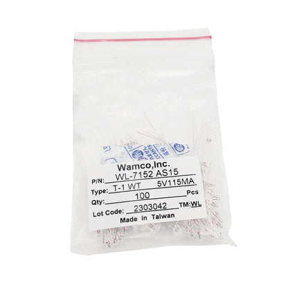 Rear label of Wamco 7152AS15 subminiature aircraft lamp bulk package showing 5V 115mA specifications and lot code