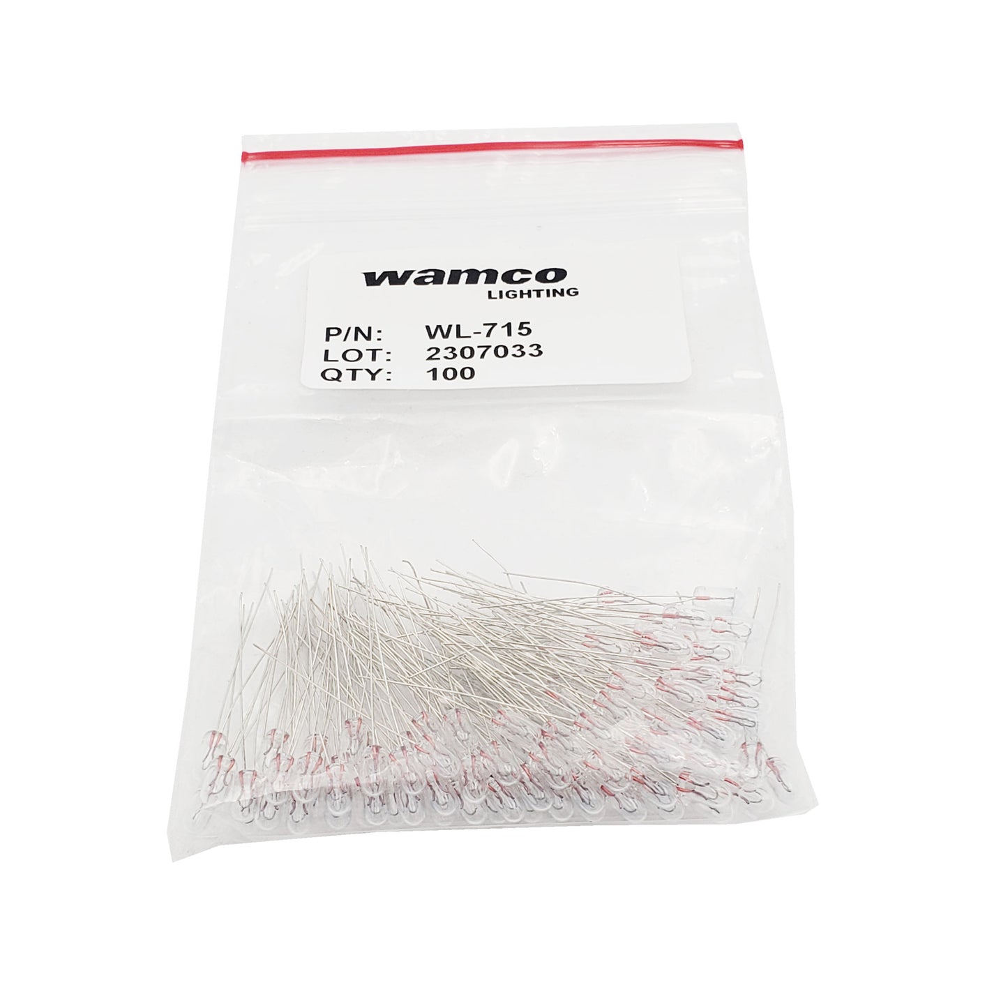 Bulk package of 100 Wamco WL-715 subminiature aircraft lamps with wire leads and labeled lot information.