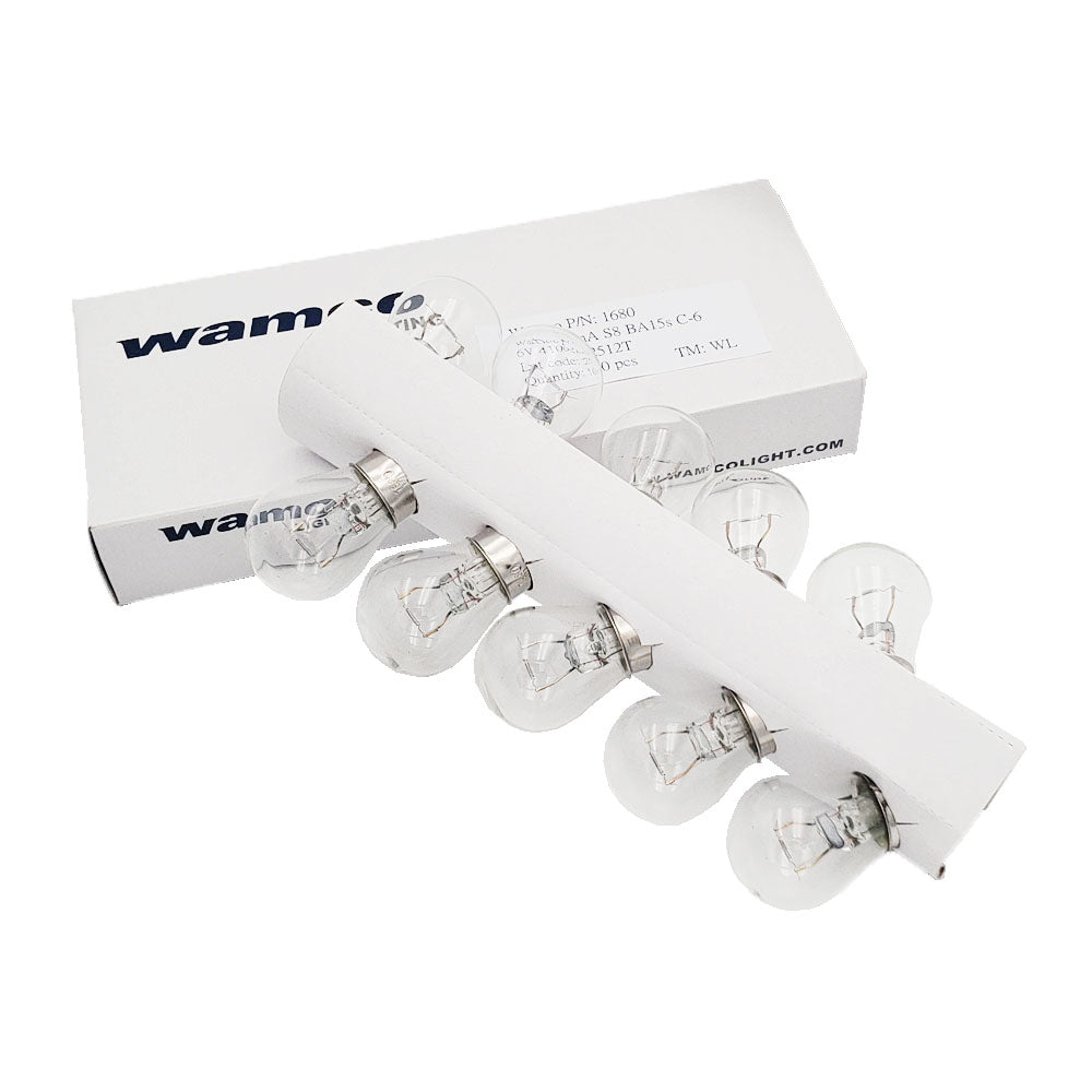 Wamco 1680 miniature aircraft lamps in 10-pack packaging with labeled Wamco Lighting box and bagged bulbs.
