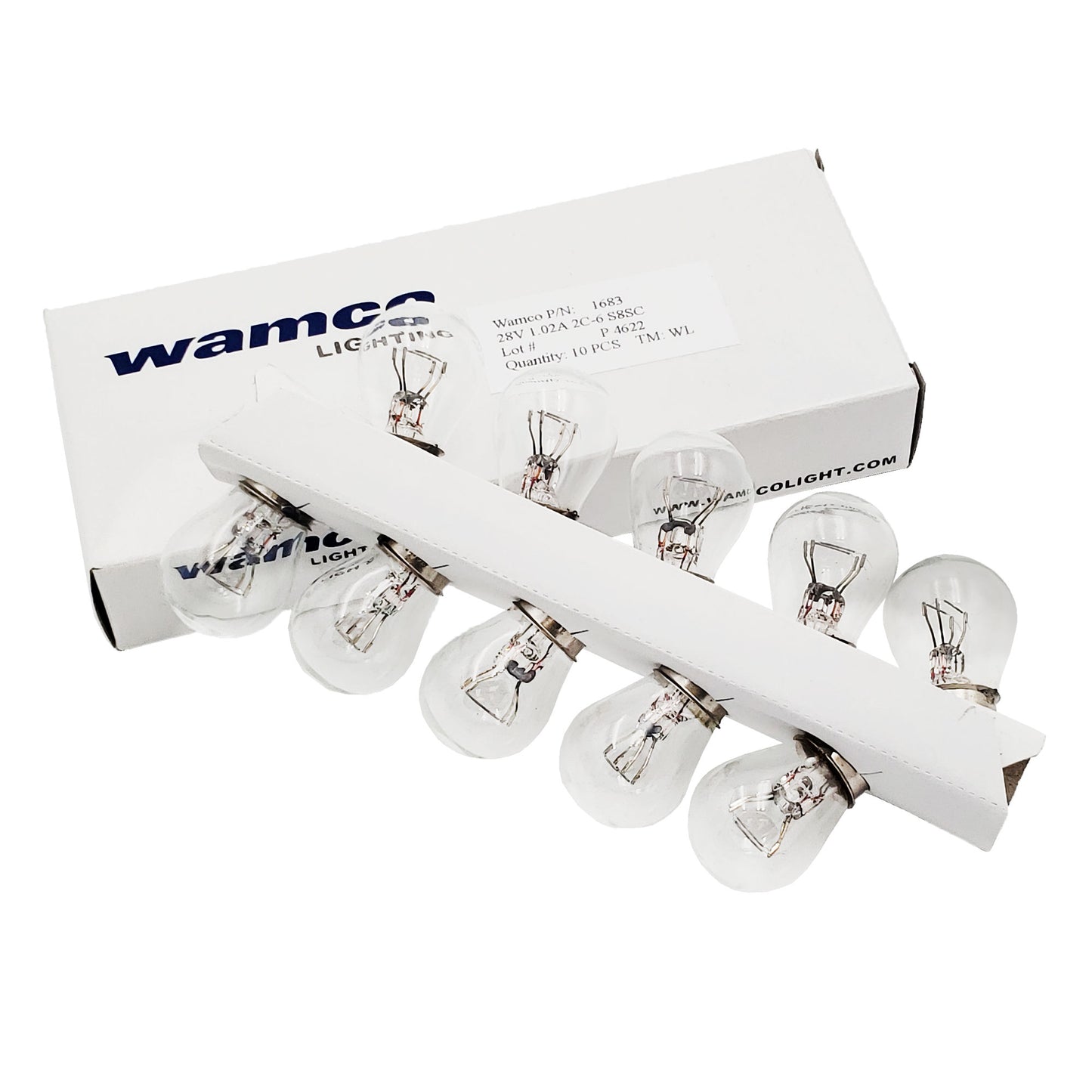 Wamco 1683 aircraft lamp 10-pack showing Wamco Lighting box with 28V 1.02A label and divider tray holding ten bulbs