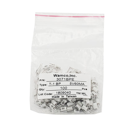 Bulk package of 100 Wamco WL-3071BPE subminiature aircraft lamps, T-1 bi-pin base, 5V 60mA