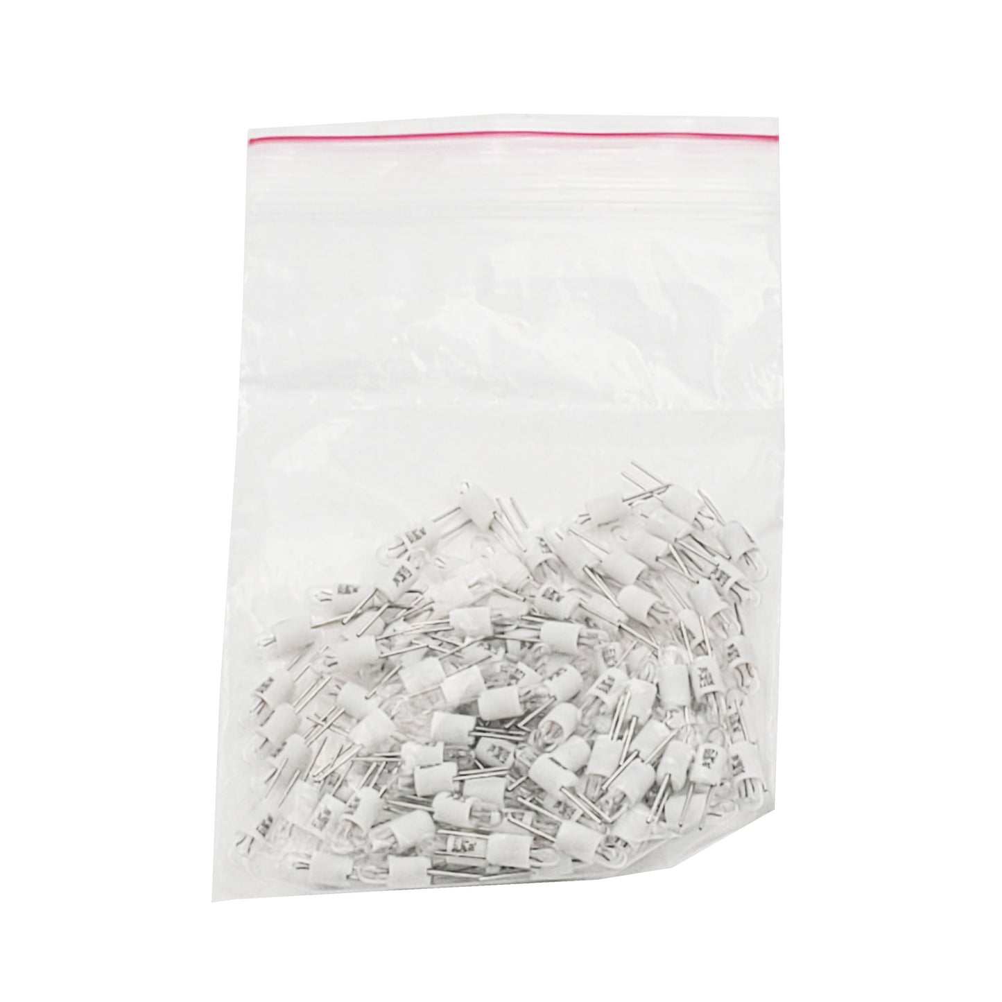Clear zipper bag containing approximately 100 Wamco WL-3071BPE bi-pin subminiature aircraft lamps.