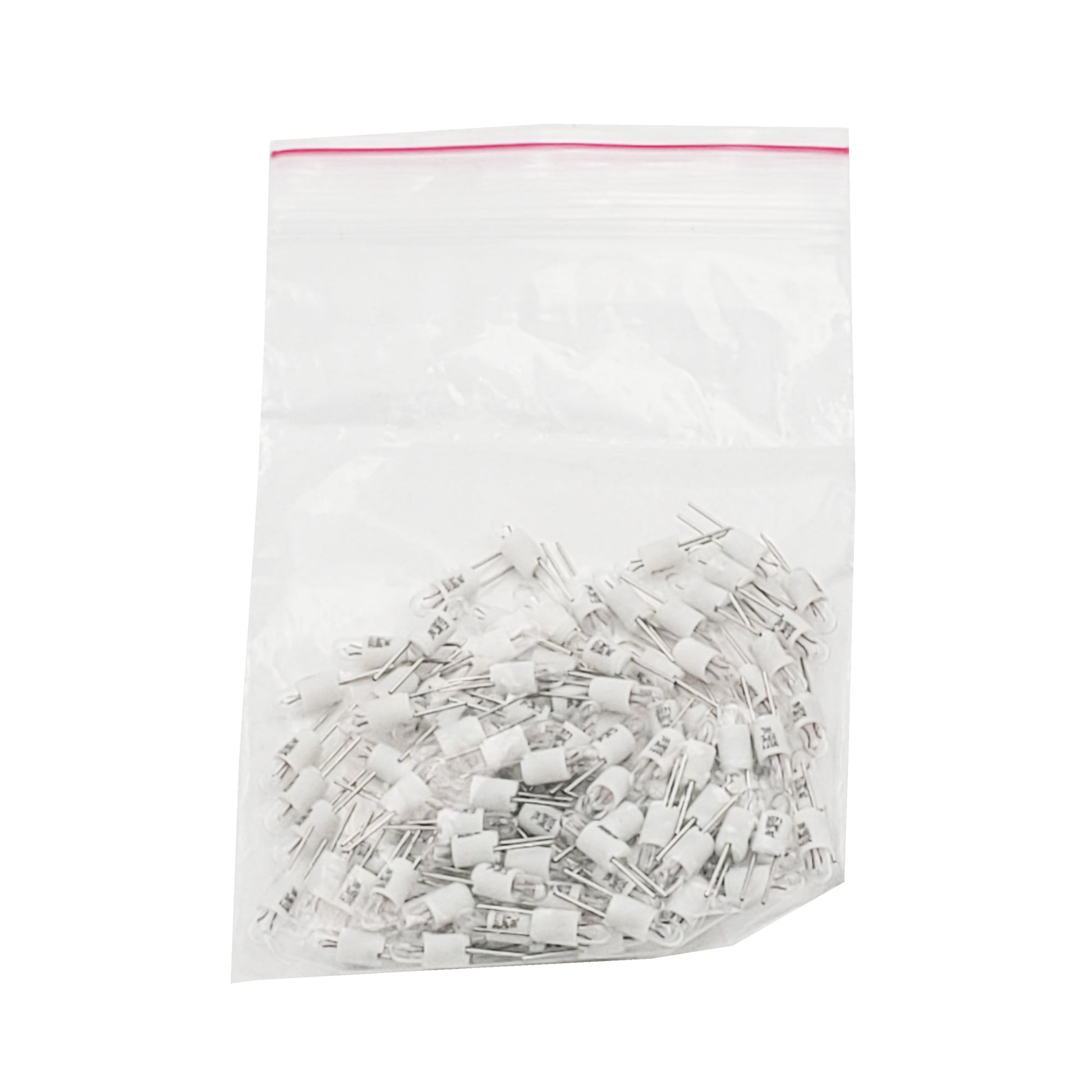 Clear zipper bag containing approximately 100 Wamco WL-3071BPE bi-pin subminiature aircraft lamps.