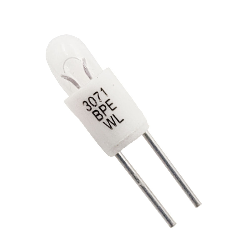 Wamco WL-3071BPE subminiature aircraft lamp with clear T-1 glass bulb and bi-pin base, marked ‘3071 BPE WL’