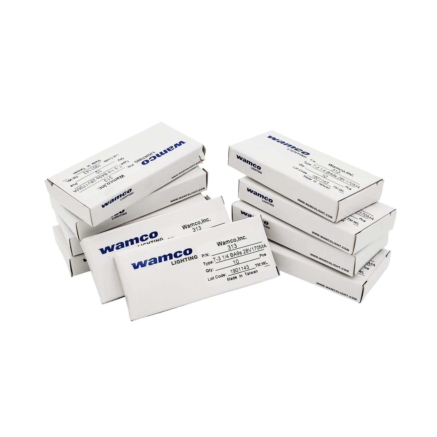 Bulk shipment of Wamco 313 miniature aircraft lamps showing stacked Wamco Lighting boxes totaling 100 bulbs