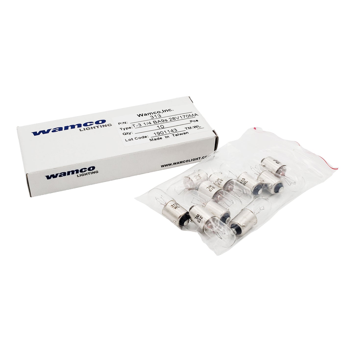 Wamco 313 aircraft lamp 10-pack showing labeled Wamco Lighting box and bag of ten BA9s bulbs rated 28V 170mA