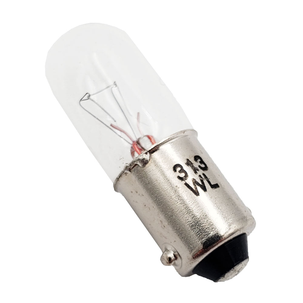 Close-up of Wamco 313 miniature aircraft lamp showing clear T-3 1/4 bulb, visible filament, and BA9s bayonet base stamped ‘313 WL'