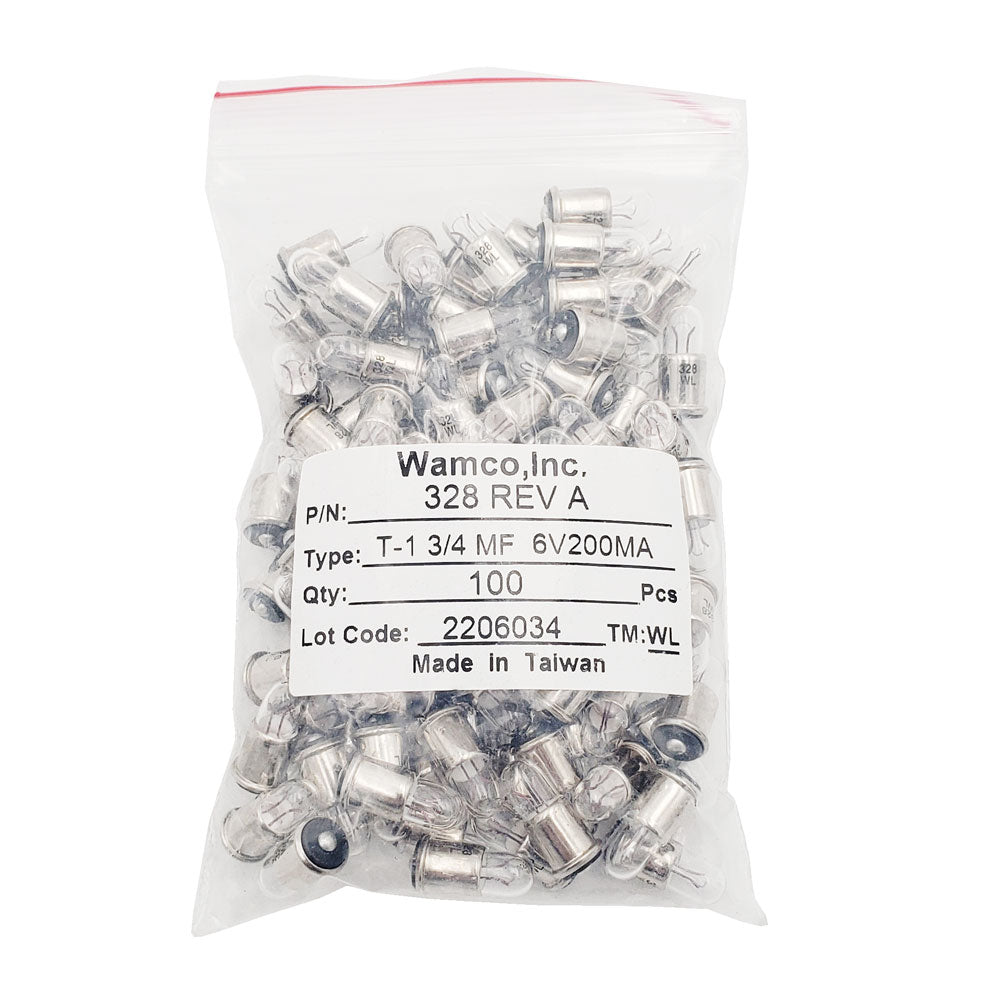 Bulk bag of 100 Wamco WL-328 subminiature aircraft lamps, T-1 3/4 MF base, rated 6V 200mA, with labeled lot information