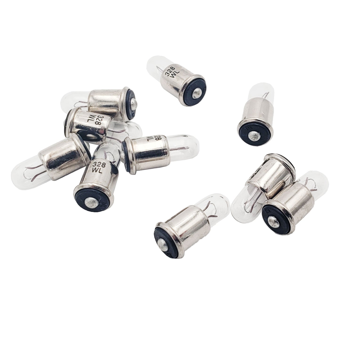 Ten Wamco WL-328 subminiature aircraft lamps showing T-1 3/4 midget flange bases and stamped metal housings