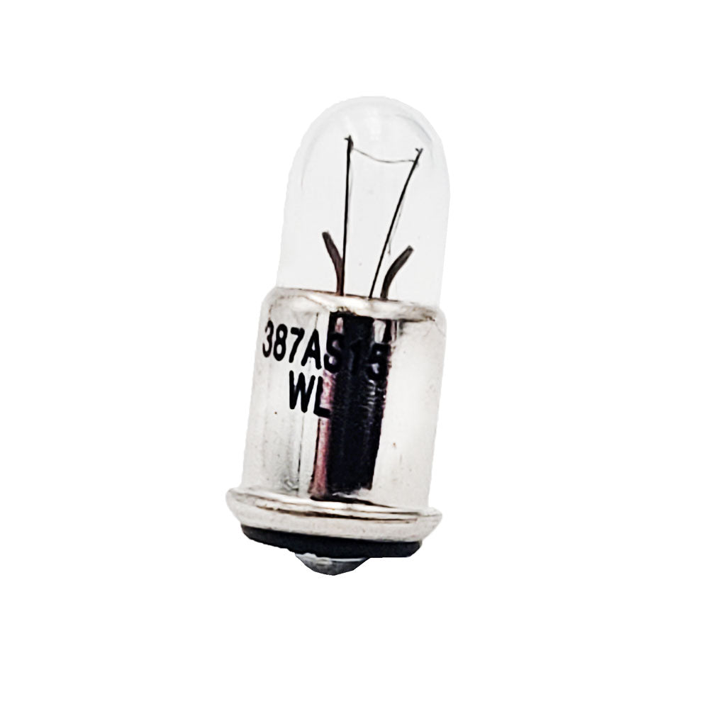 Wamco WL-387AS15 subminiature aircraft lamp with clear T-1 3/4 glass bulb, midget flange base, and single center contact