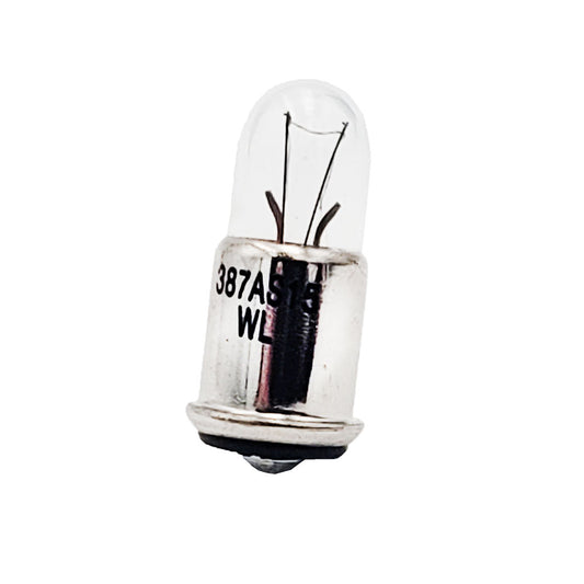 Wamco WL-387AS15 subminiature aircraft lamp with clear T-1 3/4 glass bulb, midget flange base, and single center contact