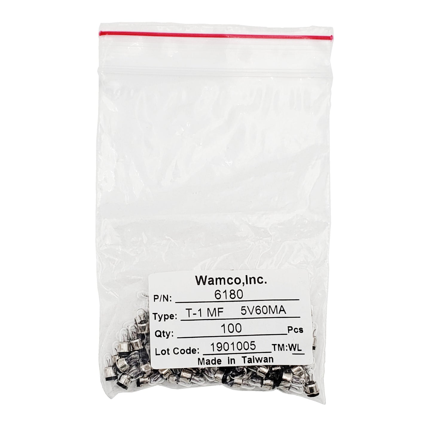 Bulk bag of Wamco 6180 aircraft lamps labeled T-1 SMF with 5V 60mA rating, 5000-hour life, and quantity 100 pieces