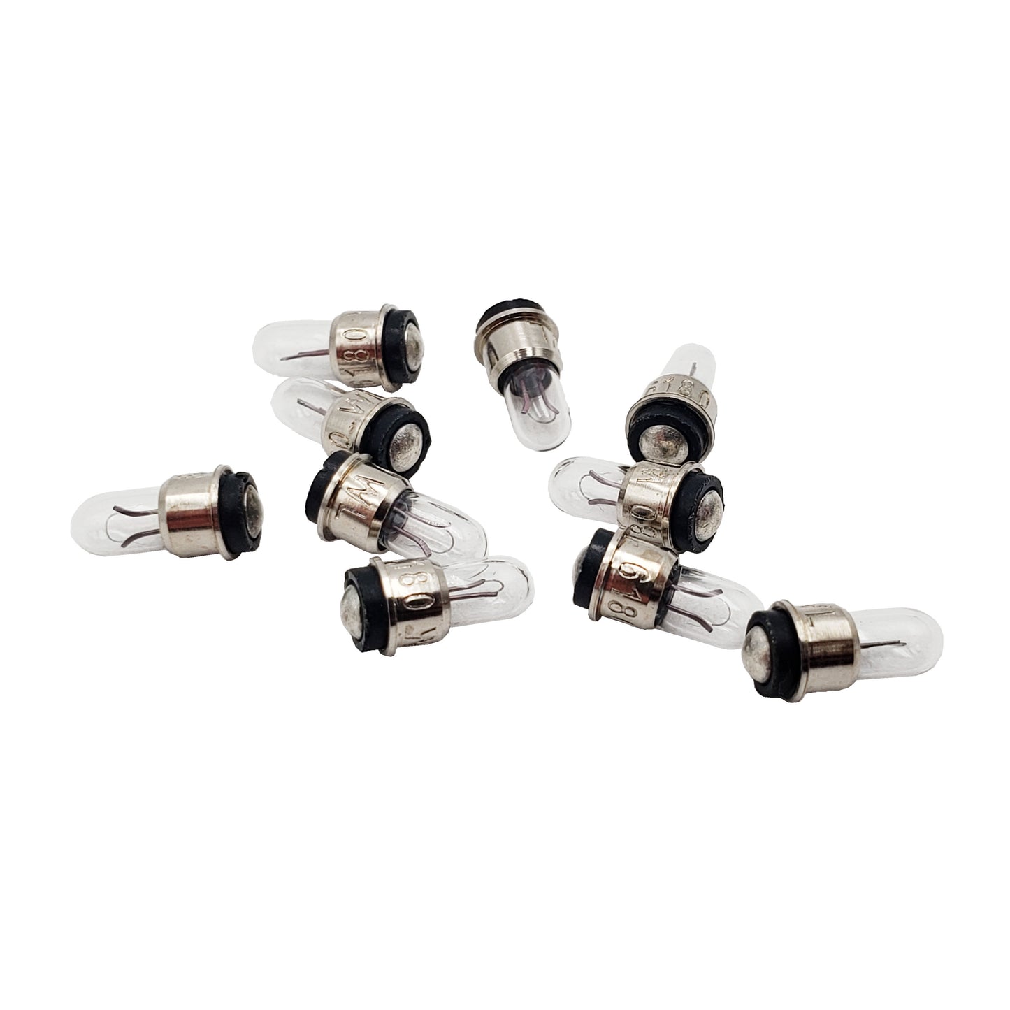 Group of ten Wamco 6180 subminiature aircraft lamps showing clear bulbs with sub-midget flanged SMF metal bases