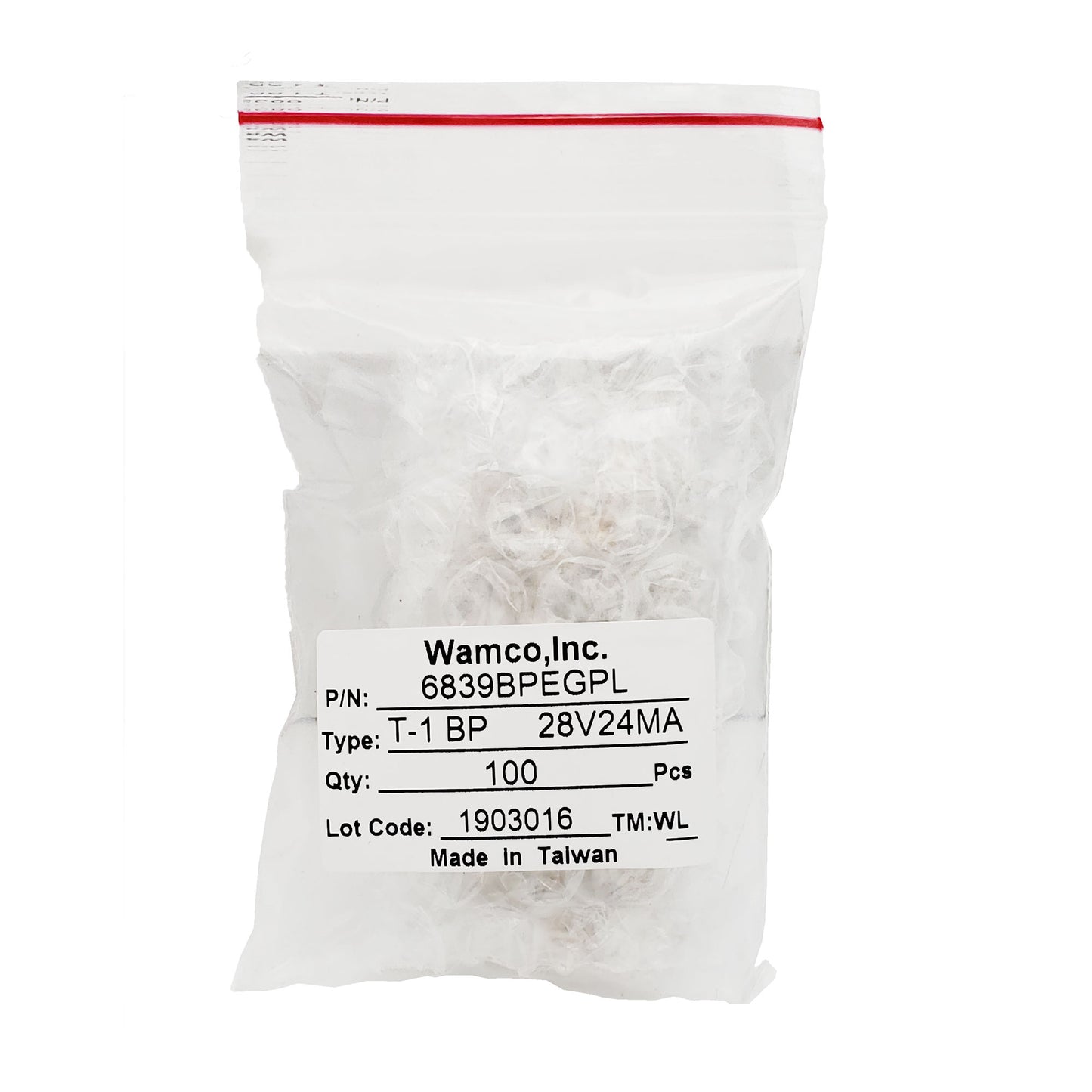 Bulk bag of Wamco subminiature aircraft lamps with label showing part number 6839BPEGPL, 28V 24mA specifications, and quantity 100 pieces