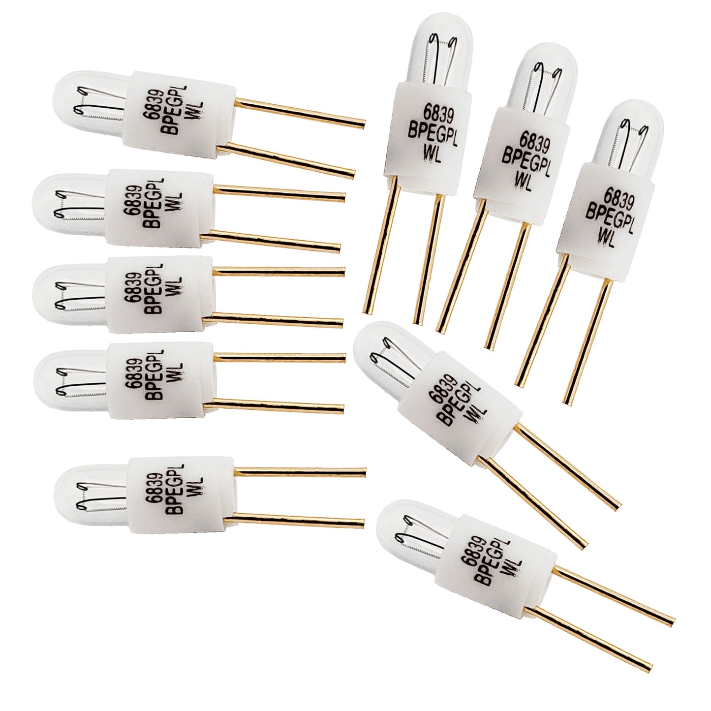 Group of ten Wamco 6839BPEGPL subminiature aircraft lamps showing clear bulbs, white bi-pin bases, and gold-plated wire terminals