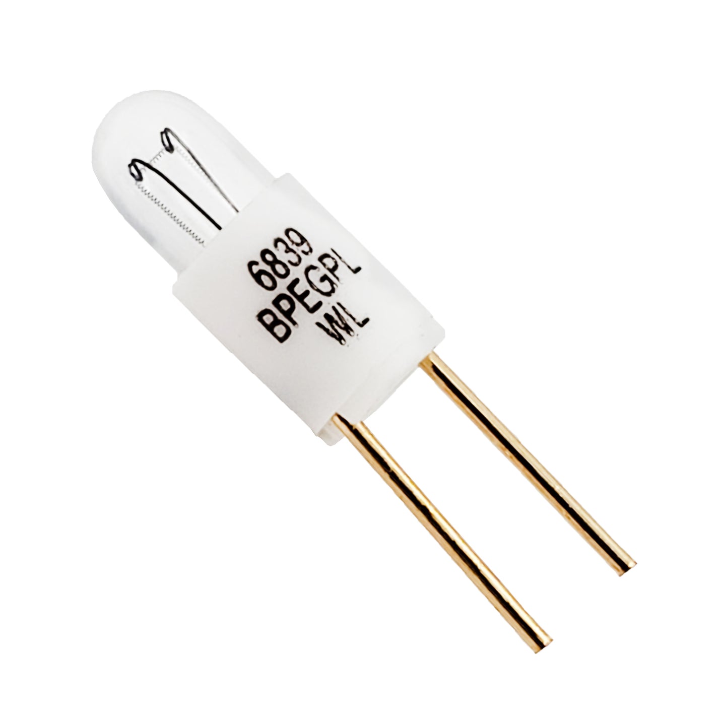 Close-up of single Wamco 6839BPEGPL aircraft lamp showing clear glass bulb, visible filament, white bi-pin base, and gold-plated terminals