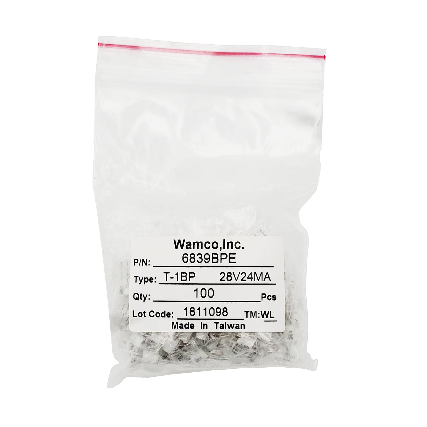 Bulk bag of Wamco 6839BPE aircraft lamps with label showing 28V 24mA specifications, quantity 100 pieces, and lot code