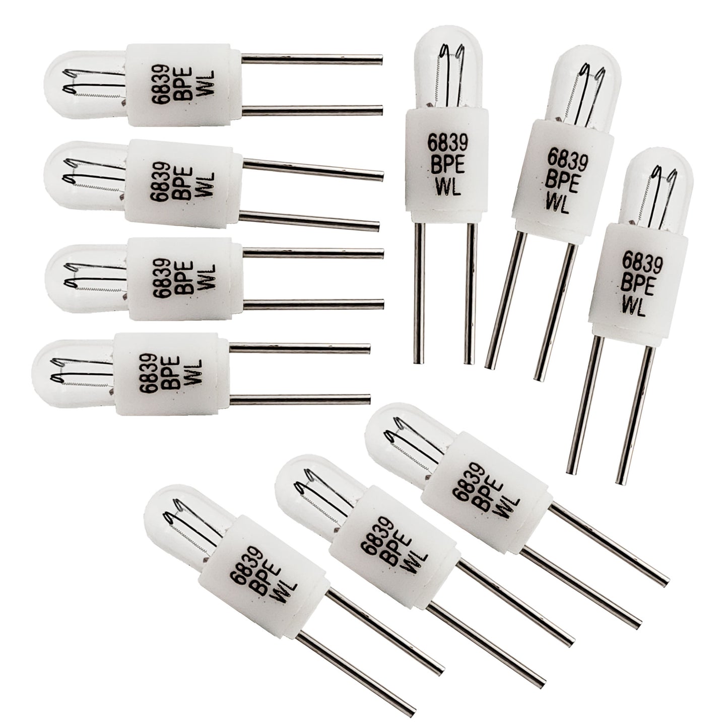 Group of ten Wamco 6839BPE subminiature aircraft lamps showing clear bulbs, white bi-pin bases, and silver-colored terminals.