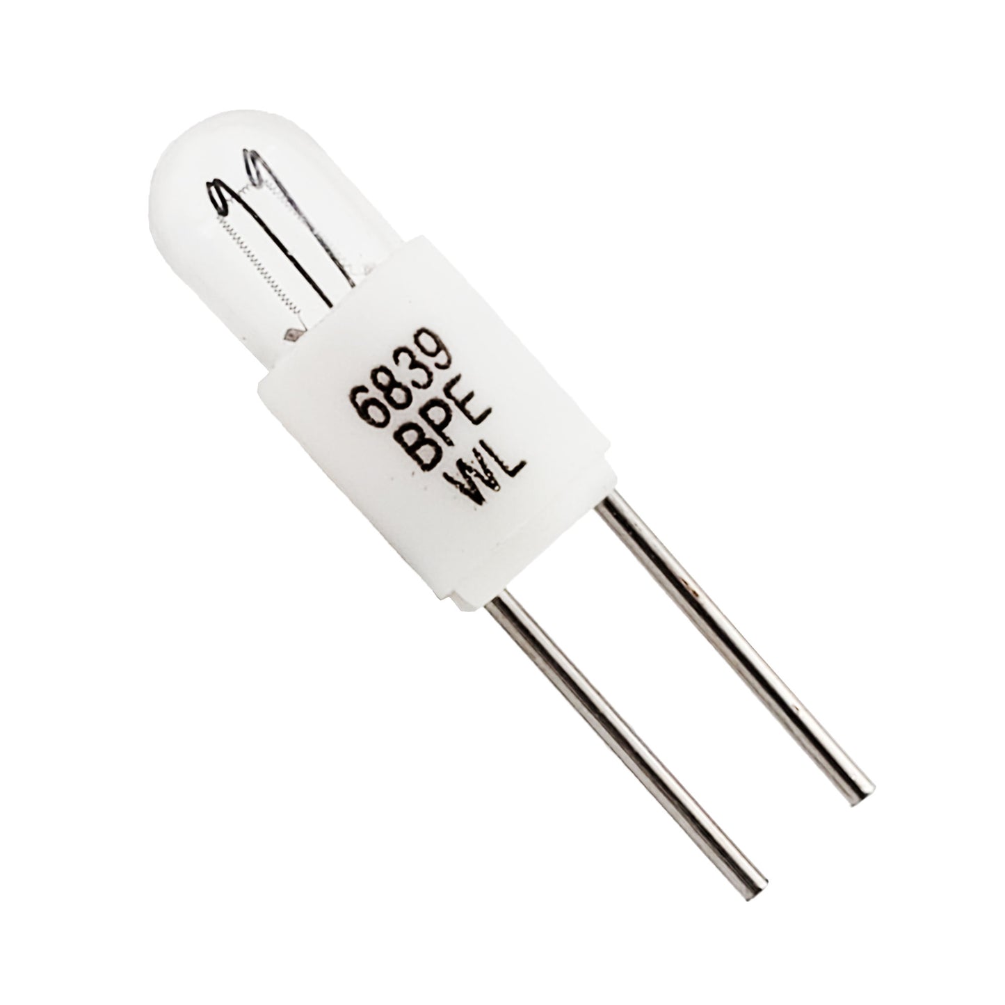 Close-up of single Wamco 6839BPE lamp showing clear glass bulb, visible filament, white bi-pin base, and silver-colored pins
