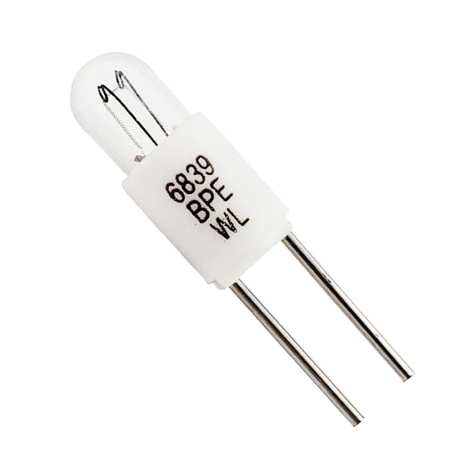 Close-up of single Wamco 6839BPE lamp showing clear glass bulb, visible filament, white bi-pin base, and silver-colored pins
