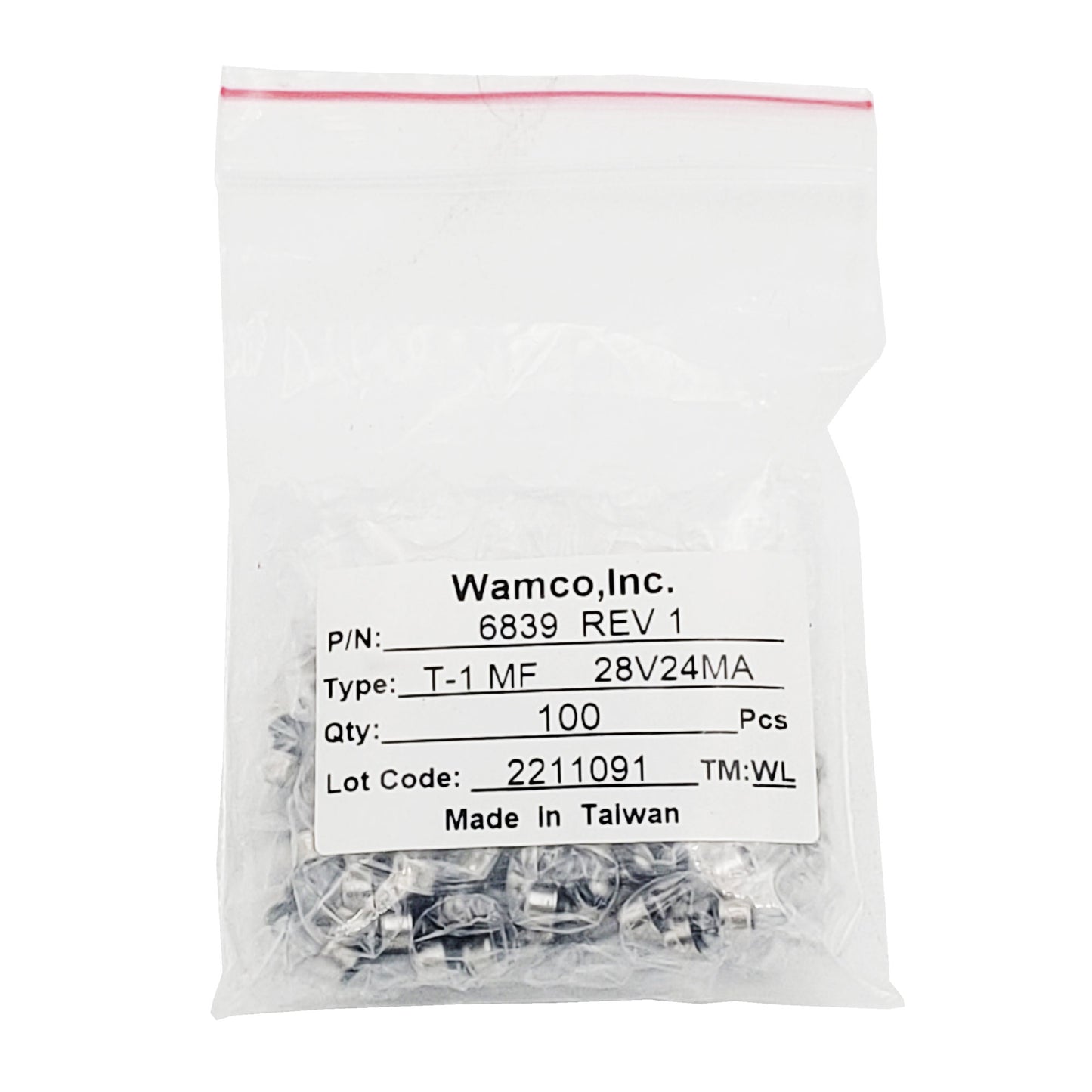 Bulk bag of 100 Wamco WL-6839 subminiature aircraft lamps, T-1 midget flange base, rated 28V 24mA, with product label