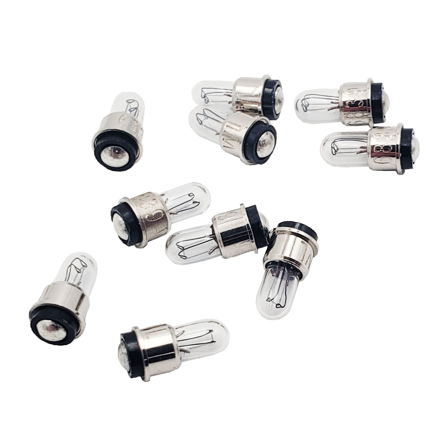 Ten Wamco WL-6839 subminiature aircraft lamps showing clear T-1 bulbs, midget flange bases, and stamped part numbers