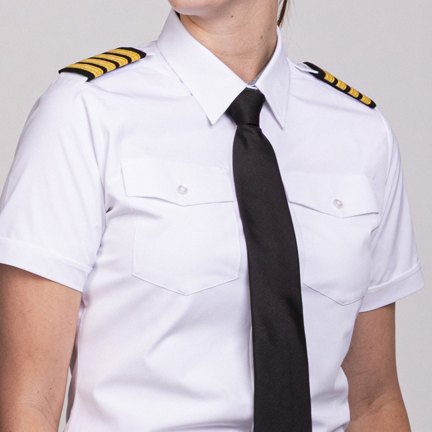 JetSeam Women's Pilot Shirt Silver Label Short Sleeve Close-Up with Tie – Pocket and Epaulet Detail