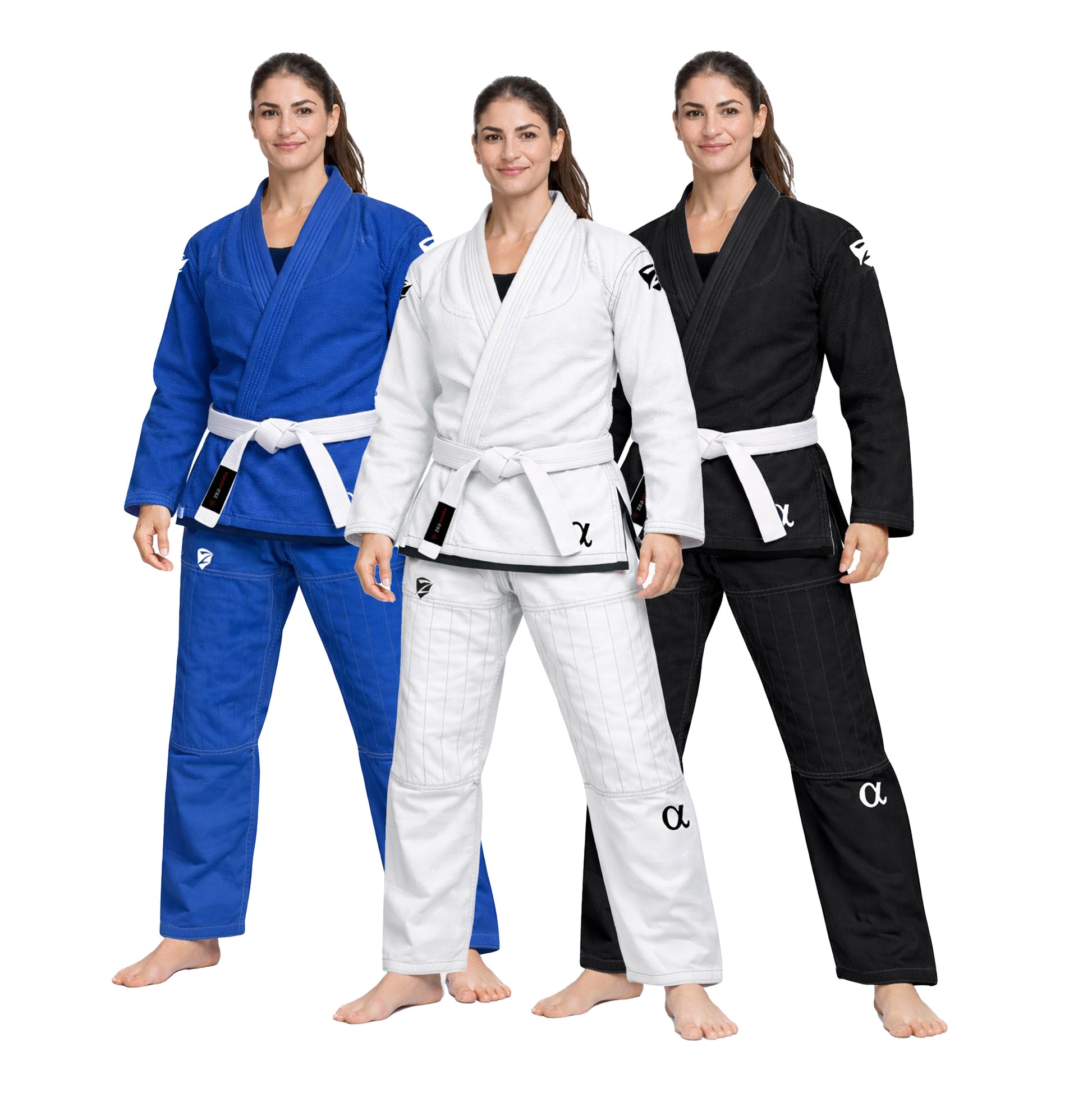 Three women wearing blue, white, and black martial arts uniforms on a white background