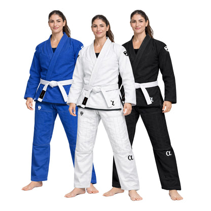 Three women wearing blue, white, and black martial arts uniforms on a white background