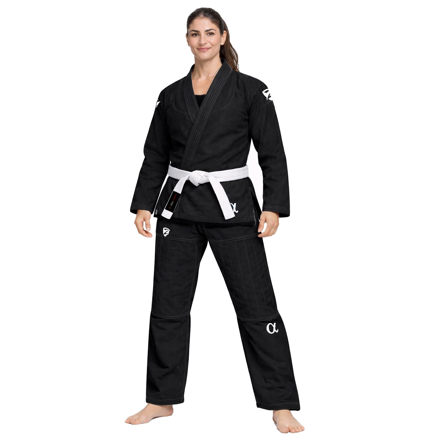 Person wearing a black martial arts uniform with a white belt on a white background