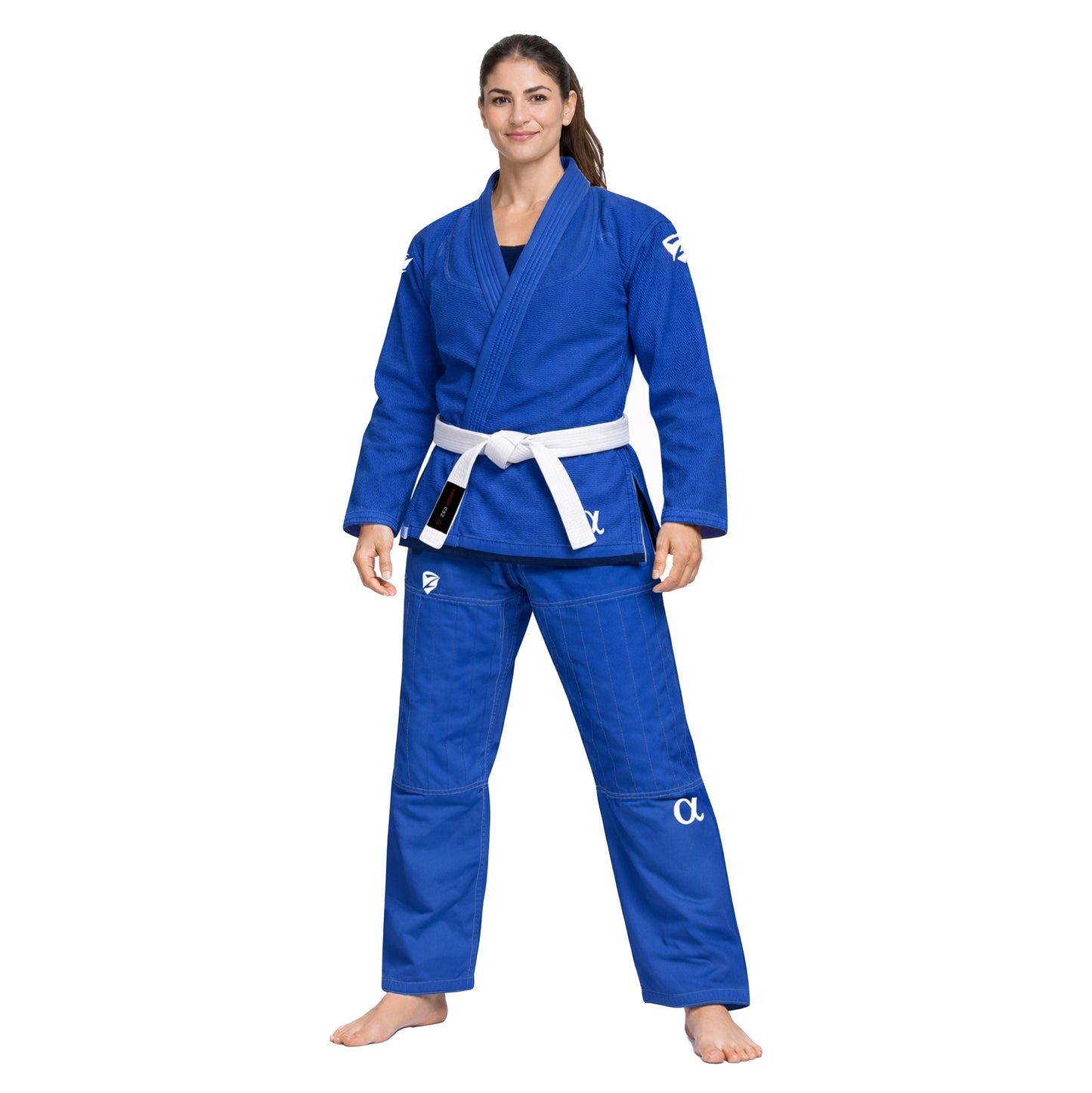Person wearing a blue martial arts uniform with a white belt on a white background