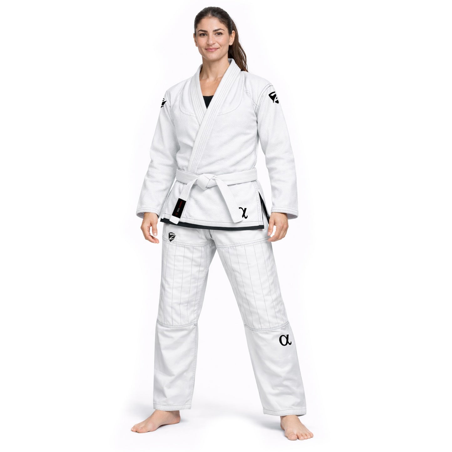 Woman wearing a white martial arts uniform on a white background