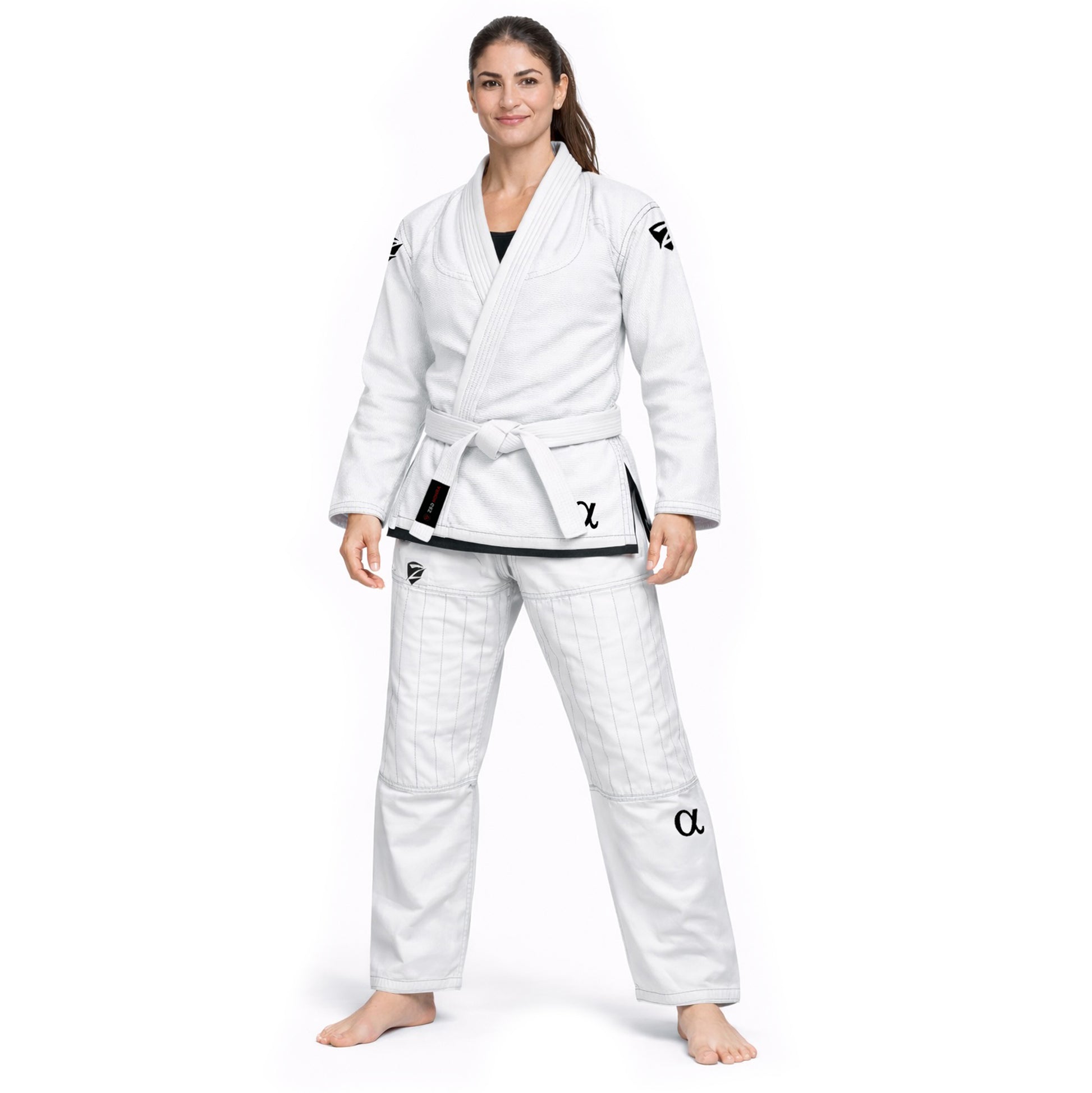 Woman wearing a white martial arts uniform on a white background
