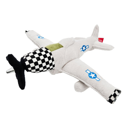 Angled view of WowToyz Cuddle Zoo P-51 Mustang plush airplane toy with blue star insignia and black-white checkered nose.