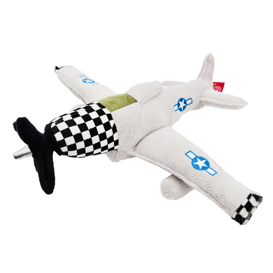 Angled view of WowToyz Cuddle Zoo P-51 Mustang plush airplane toy with blue star insignia and black-white checkered nose.
