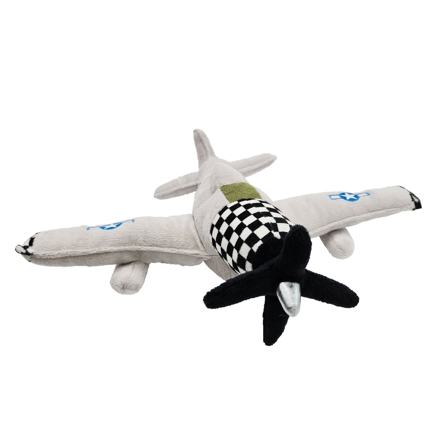 Front view of WowToyz Cuddle Zoo P-51 Mustang plush toy showing soft propeller, checkered nose, and green cockpit patch.